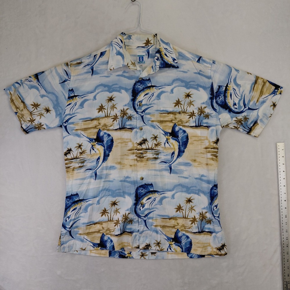 Hook & Tackle Mens Marlin Palm Tree Tropical Fishing Shirt Blue White Medium
